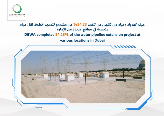 هيئة كهرباء ومياه دبي تنتهي من تنفيذ 54.23% من مشروع لتمديد خطوط نقل مياه رئيسية في مواقع عديدة من الإمارة