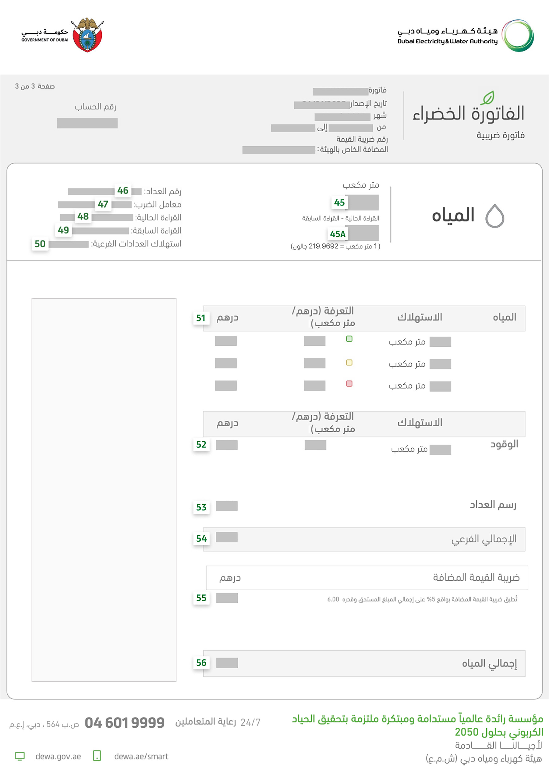 هيئة كهرباء ومياه دبي ديوا شرح الفاتورة